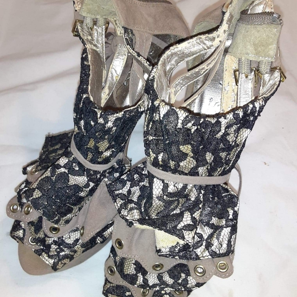 Taupe and Black lace heeled heels